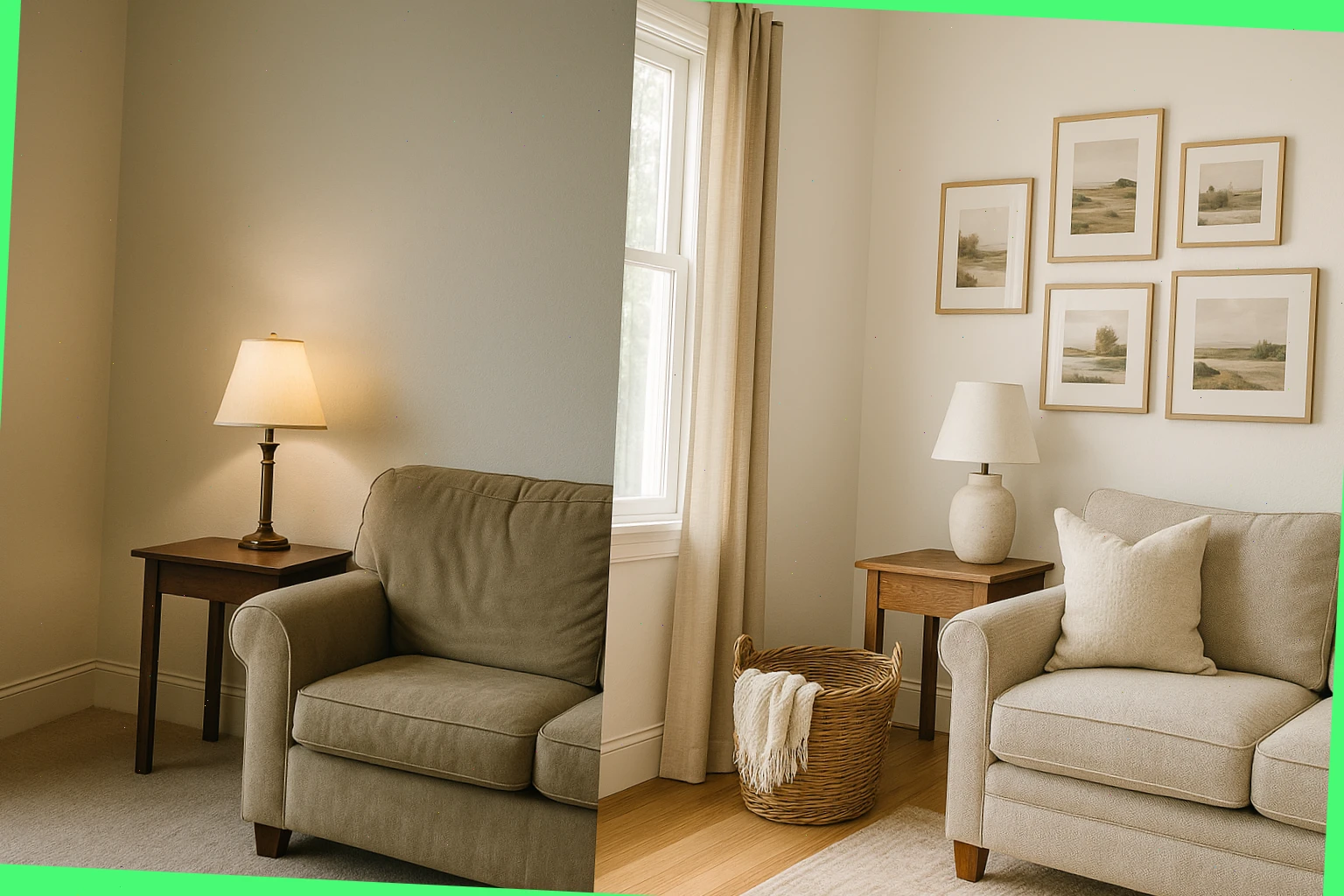 Before and after collage of a refreshed corner