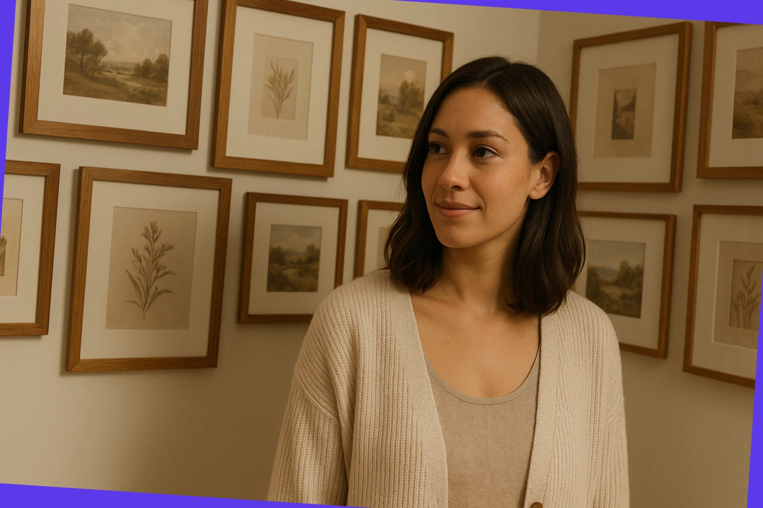 Client near a framed gallery wall