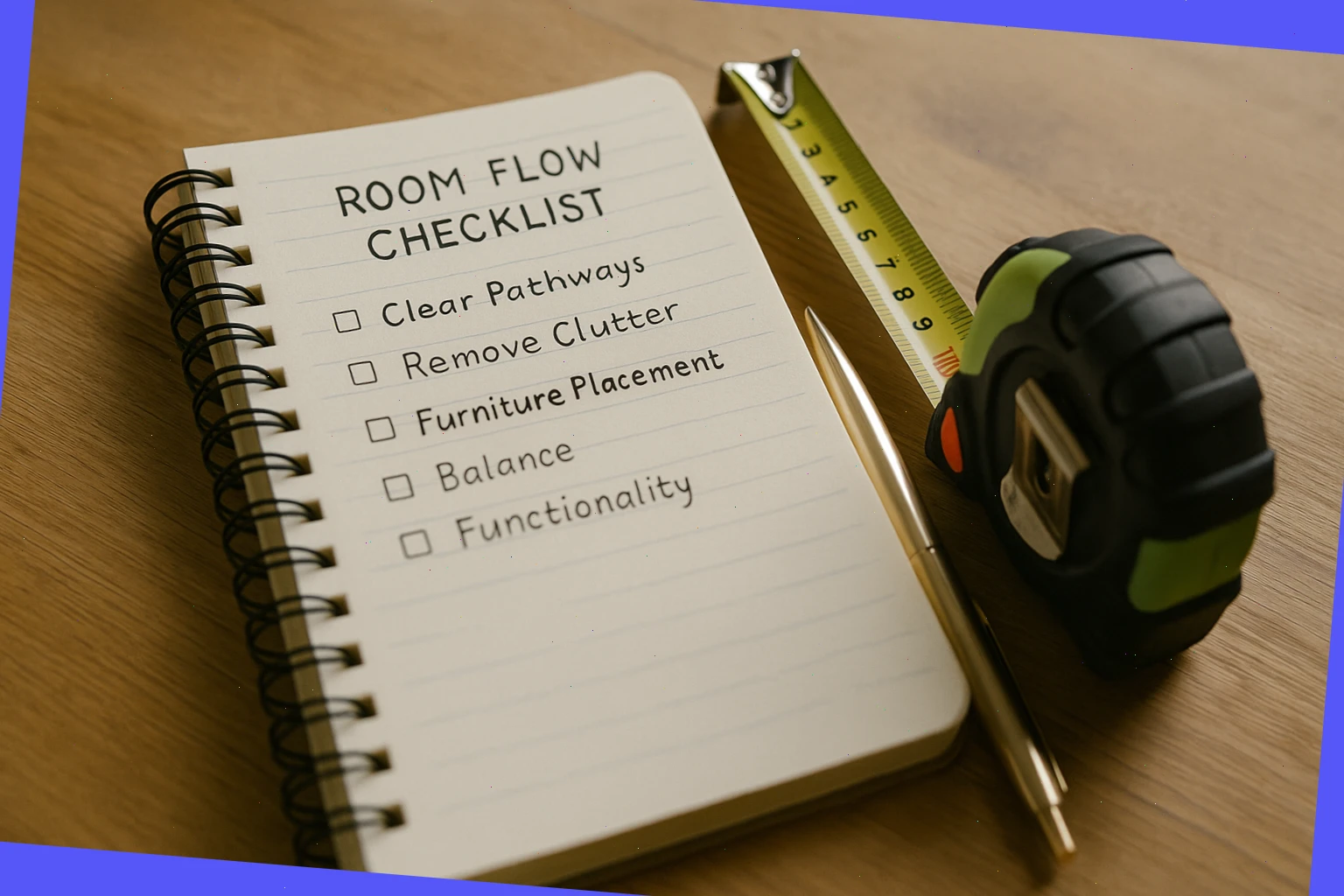 Notebook with room flow checklist and tape measure