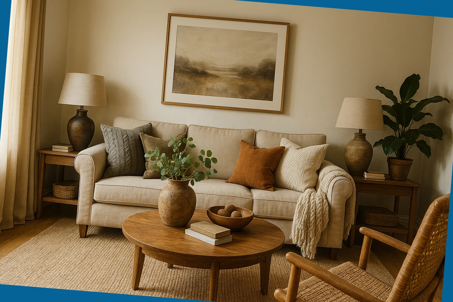 Lightly styled living room with layered textures