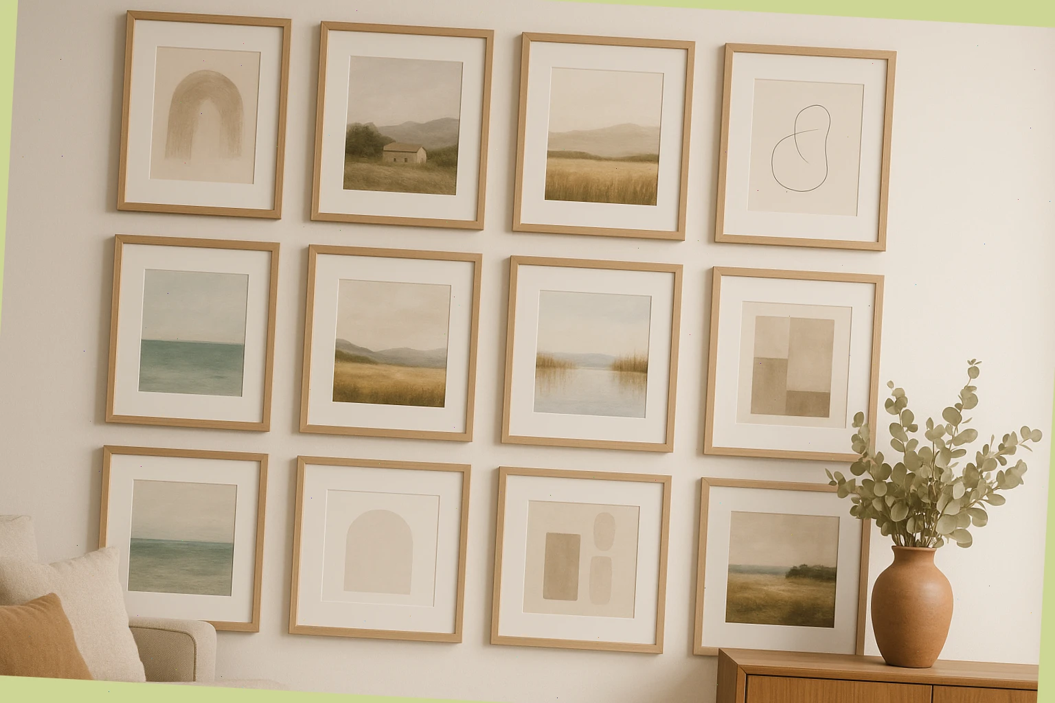 Gallery wall with measured spacing and aligned frames